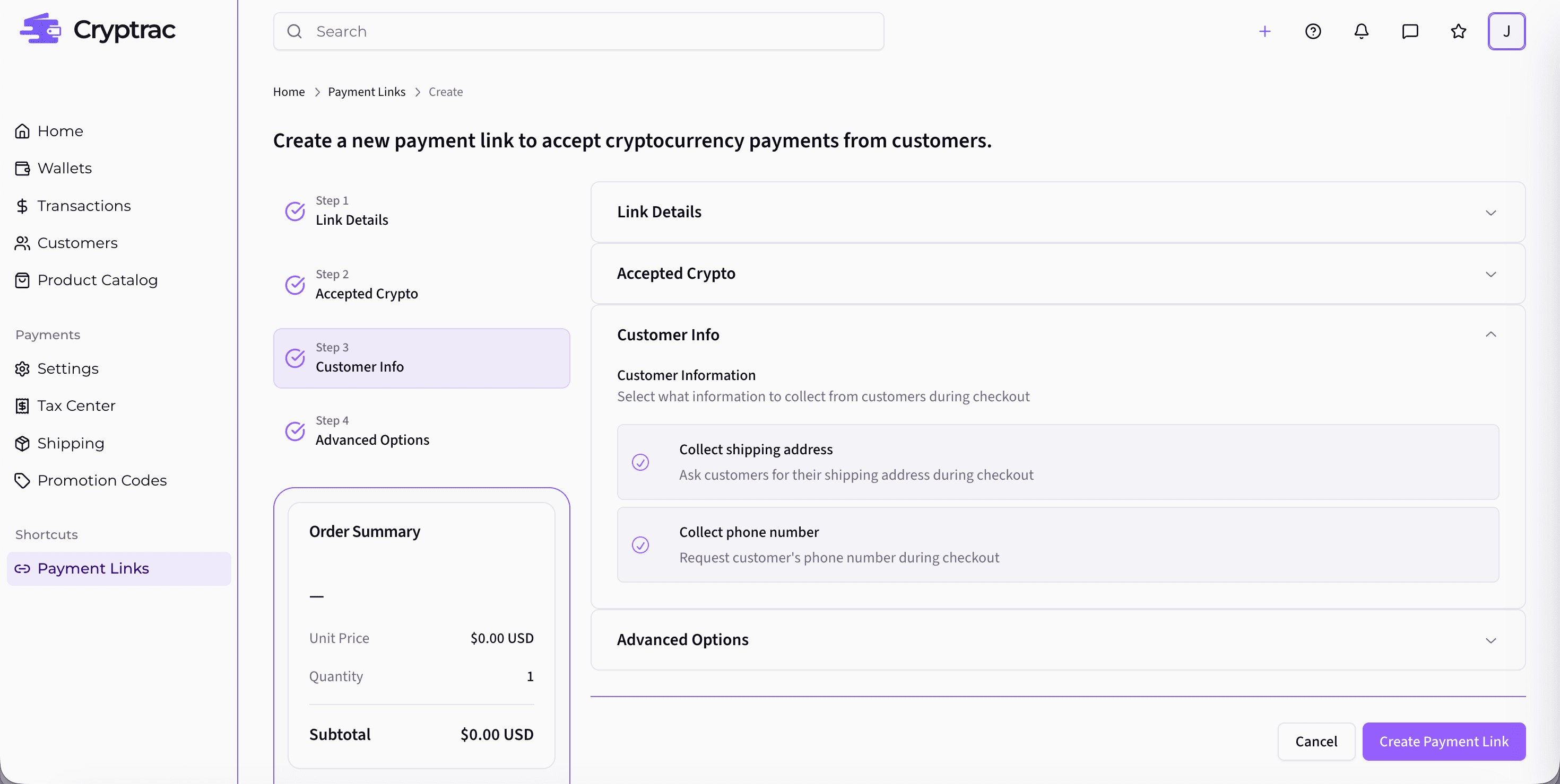 Payment link creation form with live checkout preview