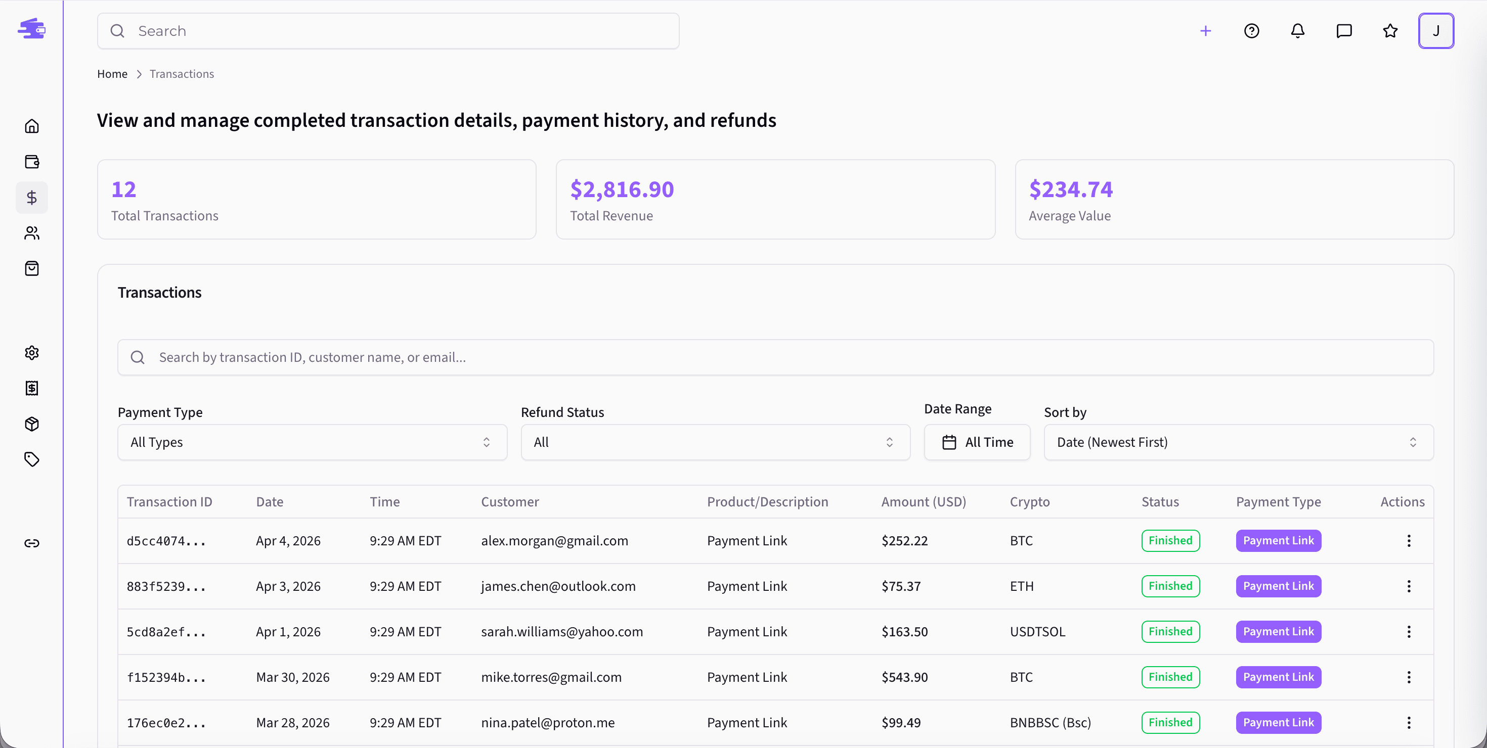 Merchant dashboard payment history with status badges