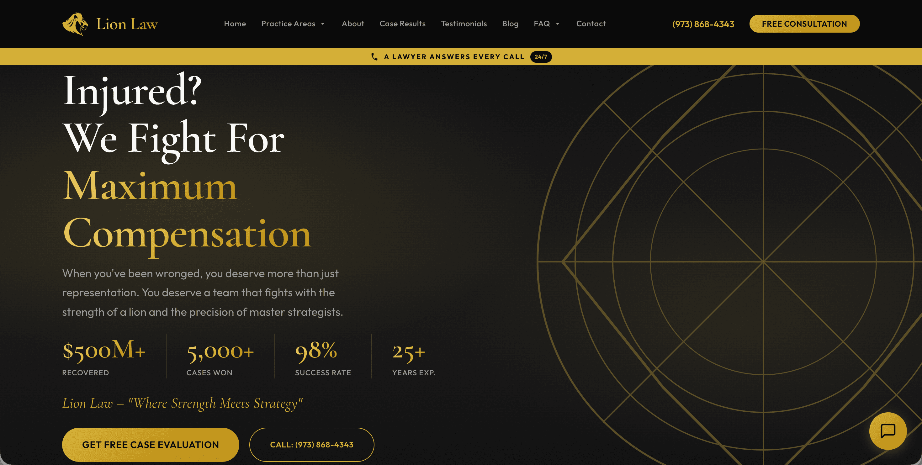 Lion Law homepage with the 'Where Strength Meets Strategy' tagline