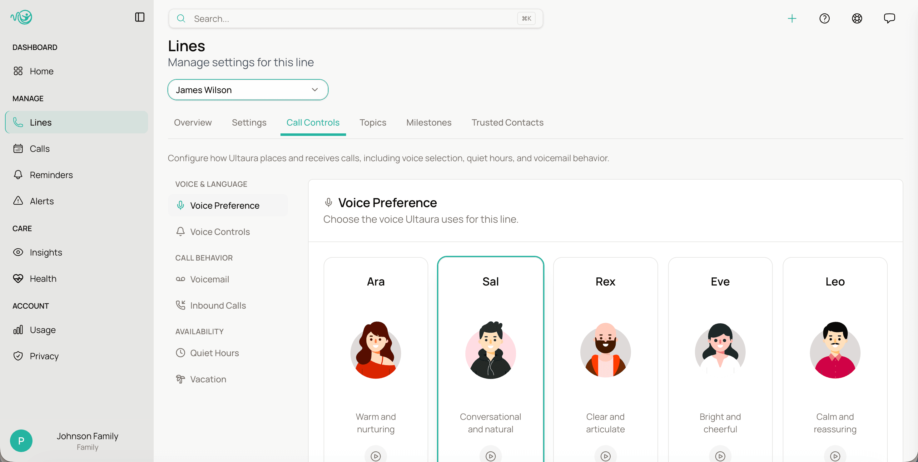 Line detail page with usage, schedule, and reminders