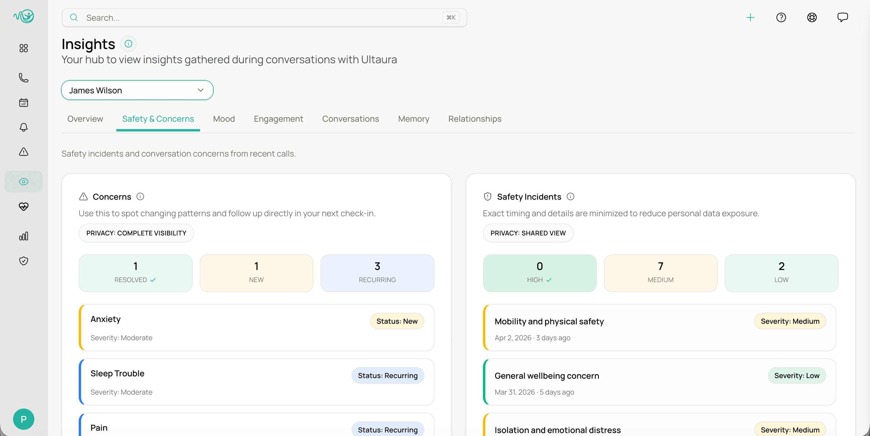 Insights hub showing mood, memory, and safety signals