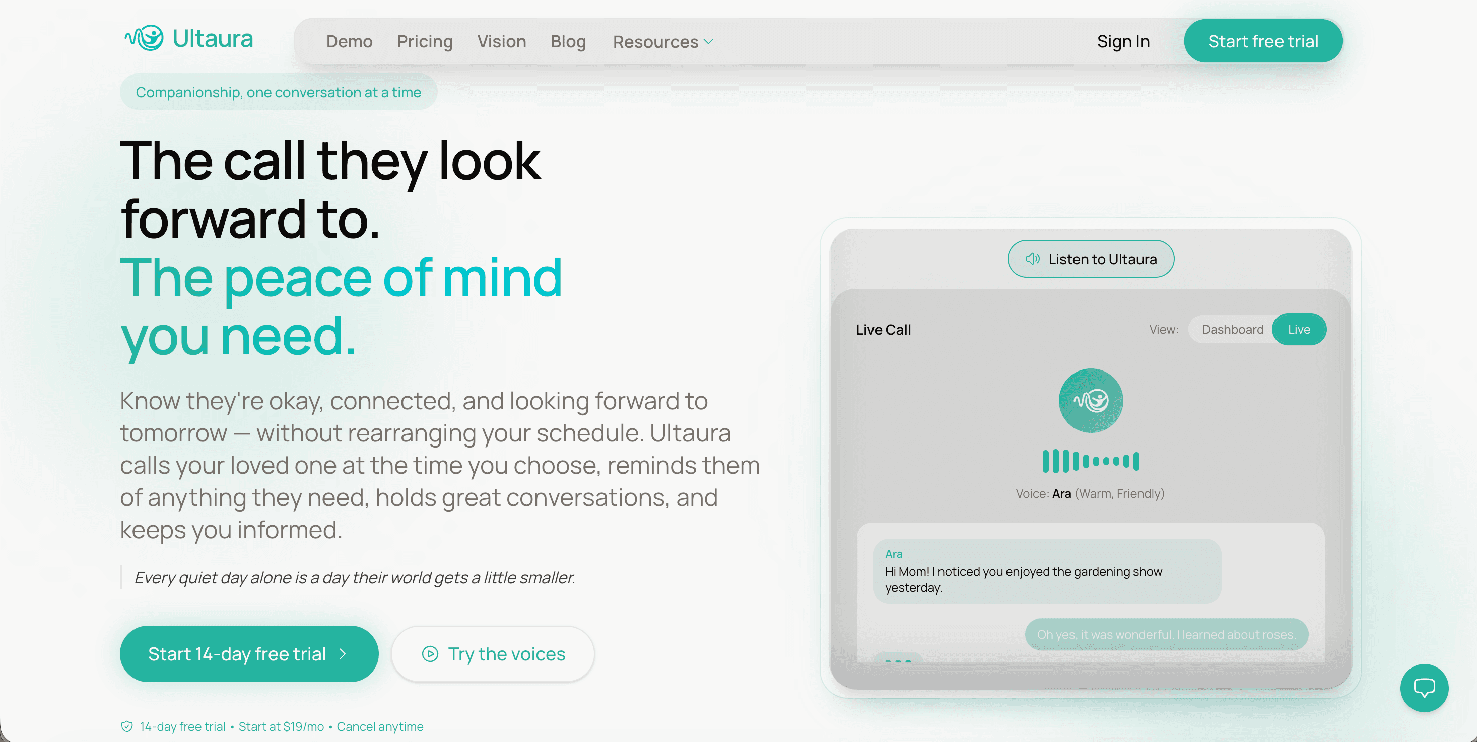 Ultaura public landing page with the AI voice companion value prop